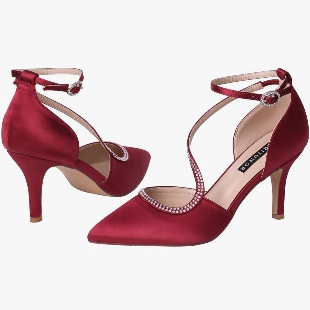 ☔️🩵Burgundy Satin & Rhinestone Buckled Ankle Strappy Heel Shoes Size 8 - Picture 13 of 15